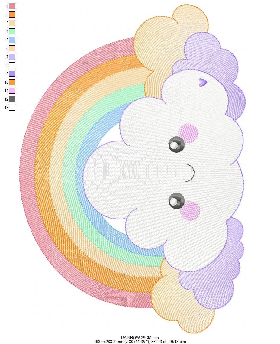 Rainbow with stars and clouds embroidery design - Colorful Rainbow machine embroidery pattern - Instant digital download pes jef dst hus vp3