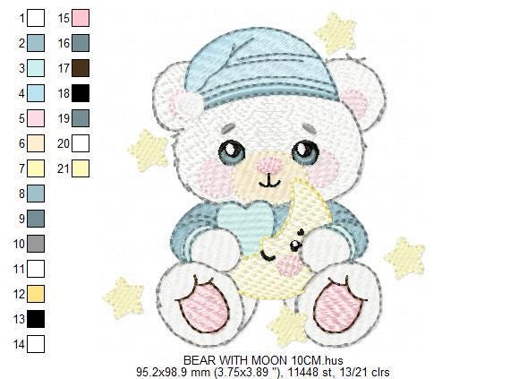 Male Bear with pajamas embroidery designs - Baby boy with cloud moon and stars machine embroidery pattern - Instant digital download pes jef