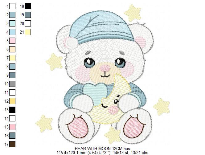 Male Bear with pajamas embroidery designs - Baby boy with cloud moon and stars machine embroidery pattern - Instant digital download pes jef