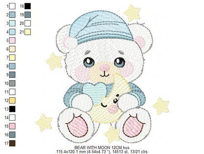 Male Bear with pajamas embroidery designs - Baby boy with cloud moon and stars machine embroidery pattern - Instant digital download pes jef