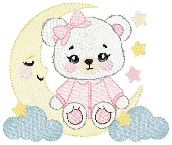 Girl Bear with pajamas embroidery designs - Baby girl with moon stars and cloud machine embroidery pattern - Instant digital download jef