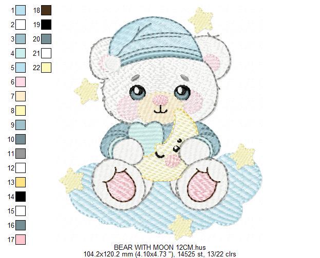 Male Bear with pajamas embroidery designs - Baby boy with moon stars and clouds machine embroidery pattern - Instant digital download pes
