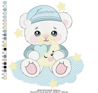 Male Bear with pajamas embroidery designs - Baby boy with moon stars and clouds machine embroidery pattern - Instant digital download pes