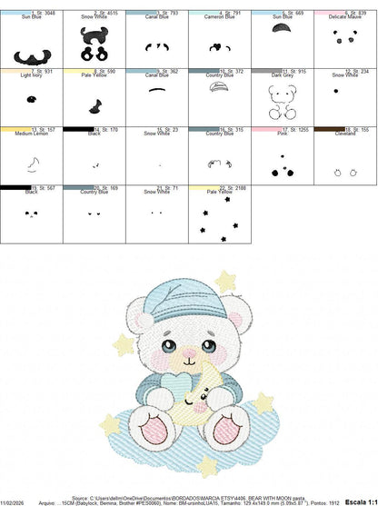 Male Bear with pajamas embroidery designs - Baby boy with moon stars and clouds machine embroidery pattern - Instant digital download pes