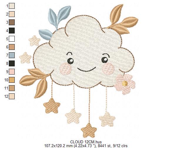 Cloud with stars and leaves embroidery design - Colorful Cloud machine embroidery pattern - Instant digital download pes jef dst hus vp3 hus