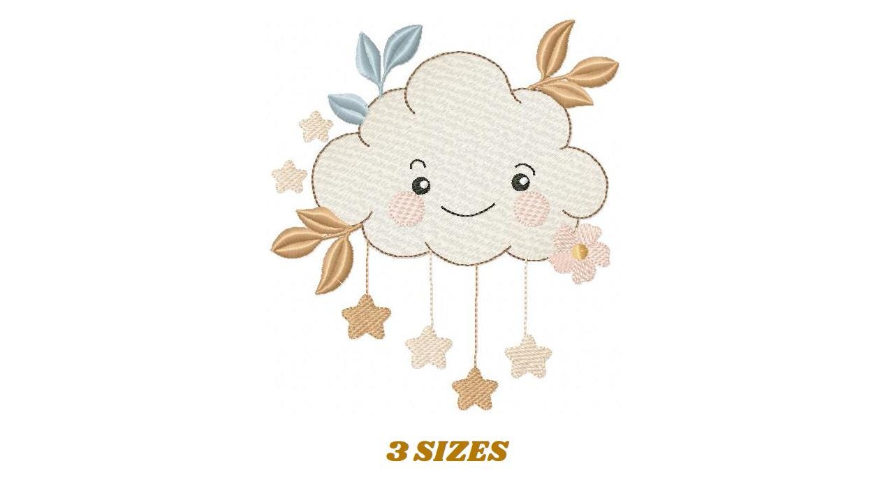 Cloud with stars and leaves embroidery design - Colorful Cloud machine embroidery pattern - Instant digital download pes jef dst hus vp3 hus
