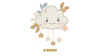 Cloud with stars and leaves embroidery design - Colorful Cloud machine embroidery pattern - Instant digital download pes jef dst hus vp3 hus