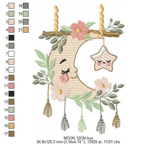 Moon with stars hearts and flowers embroidery design - Baby Girl Half moon machine embroidery pattern - Instant digital download pes jef hus