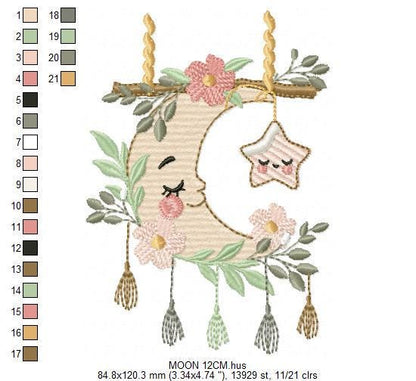 Moon with stars hearts and flowers embroidery design - Baby Girl Half moon machine embroidery pattern - Instant digital download pes jef hus