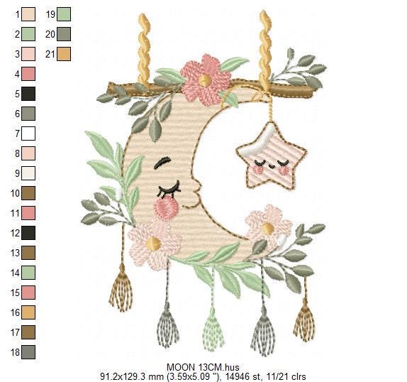Moon with stars hearts and flowers embroidery design - Baby Girl Half moon machine embroidery pattern - Instant digital download pes jef hus