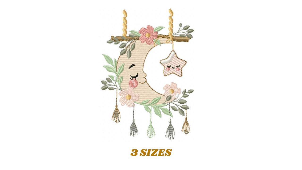 Moon with stars hearts and flowers embroidery design - Baby Girl Half moon machine embroidery pattern - Instant digital download pes jef hus