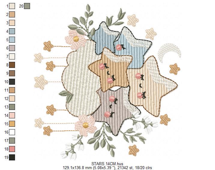 Stars and clouds embroidery design - Baby Girl and Boy machine embroidery pattern - Boho stars with leaves - Instant digital download pes