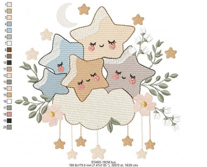 Stars and clouds embroidery design - Baby Girl and Boy machine embroidery pattern - Boho stars with leaves - Instant digital download pes