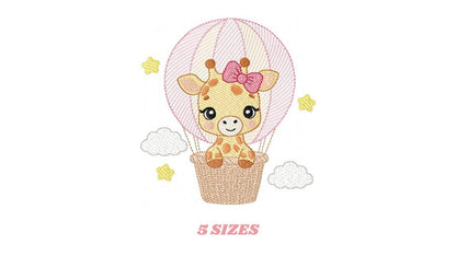 Giraffe with balloons embroidery design - Safari Wild Animal machine pattern - Baby Girl Giraffe with pink lace - Instant digital download
