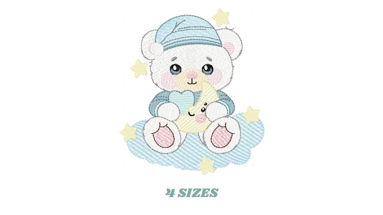Male Bear with pajamas embroidery designs - Baby boy with moon stars and clouds machine embroidery pattern - Instant digital download pes