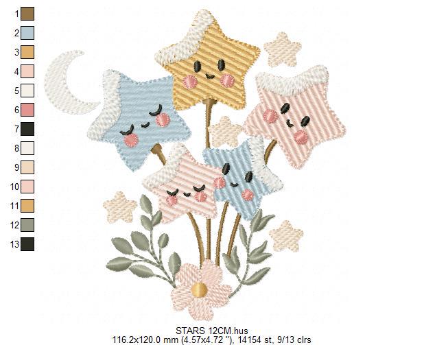 Stars and flowers embroidery design - Baby Girl and Boy machine embroidery pattern - Boho stars with leaves - Instant digital download pes