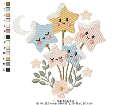 Stars and flowers embroidery design - Baby Girl and Boy machine embroidery pattern - Boho stars with leaves - Instant digital download pes