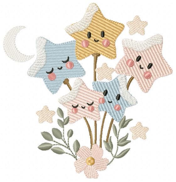 Stars and flowers embroidery design - Baby Girl and Boy machine embroidery pattern - Boho stars with leaves - Instant digital download pes