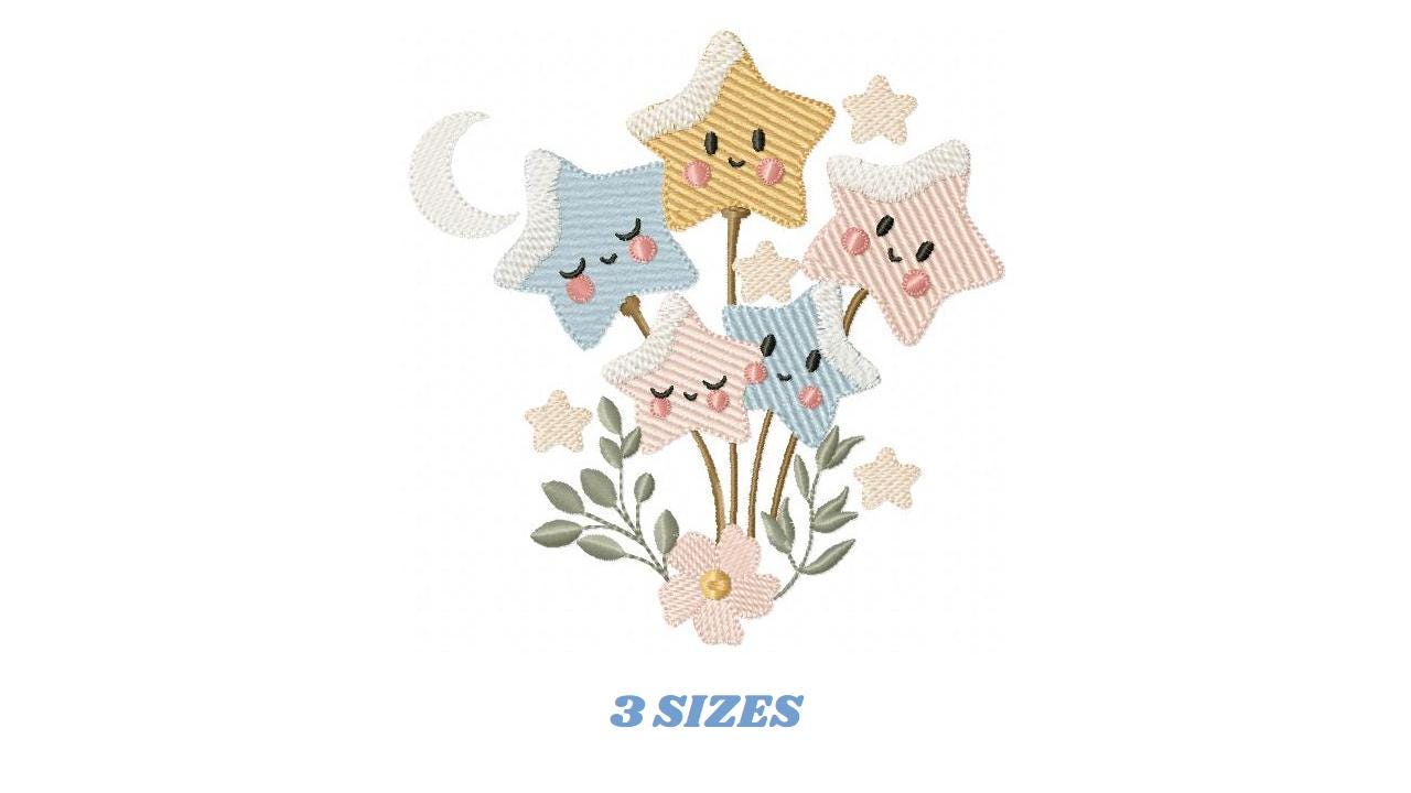 Stars and flowers embroidery design - Baby Girl and Boy machine embroidery pattern - Boho stars with leaves - Instant digital download pes