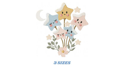 Stars and flowers embroidery design - Baby Girl and Boy machine embroidery pattern - Boho stars with leaves - Instant digital download pes