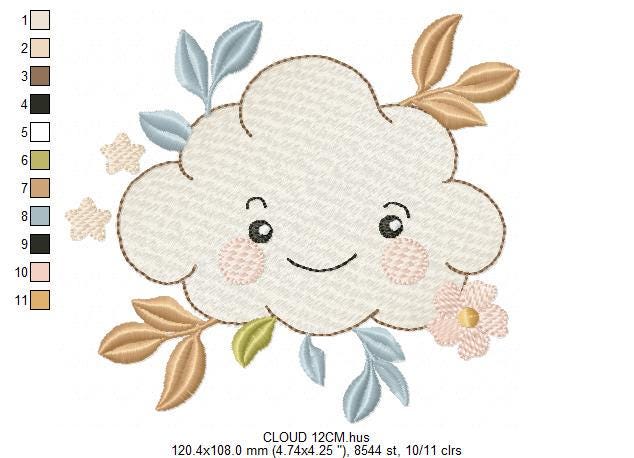 Cloud and leaves embroidery design - Boho Night and Day Sky machine embroidery pattern - Baby girl and boy file - Instant digital download