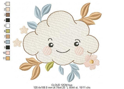 Cloud and leaves embroidery design - Boho Night and Day Sky machine embroidery pattern - Baby girl and boy file - Instant digital download