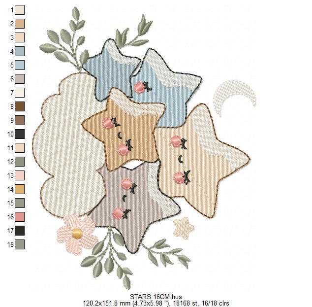 Stars and clouds embroidery design - Baby Girl and Boy machine embroidery pattern - Boho stars with leaves - Instant digital download jef