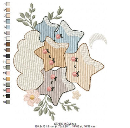Stars and clouds embroidery design - Baby Girl and Boy machine embroidery pattern - Boho stars with leaves - Instant digital download jef