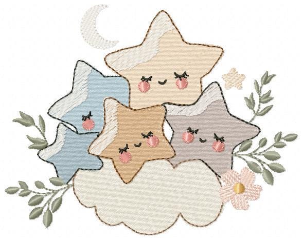 Stars and clouds embroidery design - Baby Girl and Boy machine embroidery pattern - Boho stars with leaves - Instant digital download jef