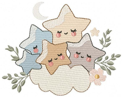 Stars and clouds embroidery design - Baby Girl and Boy machine embroidery pattern - Boho stars with leaves - Instant digital download jef