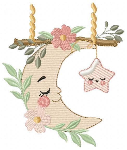 Moon with stars hearts and flowers embroidery design - Baby Girl Half moon machine embroidery pattern - Instant digital download pes jef dst