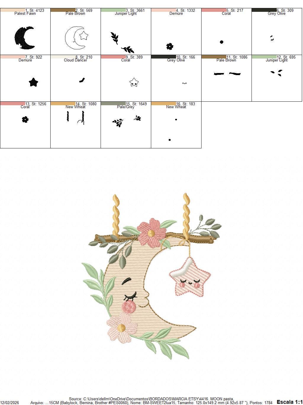 Moon with stars hearts and flowers embroidery design - Baby Girl Half moon machine embroidery pattern - Instant digital download pes jef dst