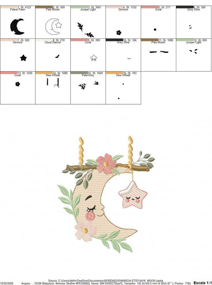 Moon with stars hearts and flowers embroidery design - Baby Girl Half moon machine embroidery pattern - Instant digital download pes jef dst
