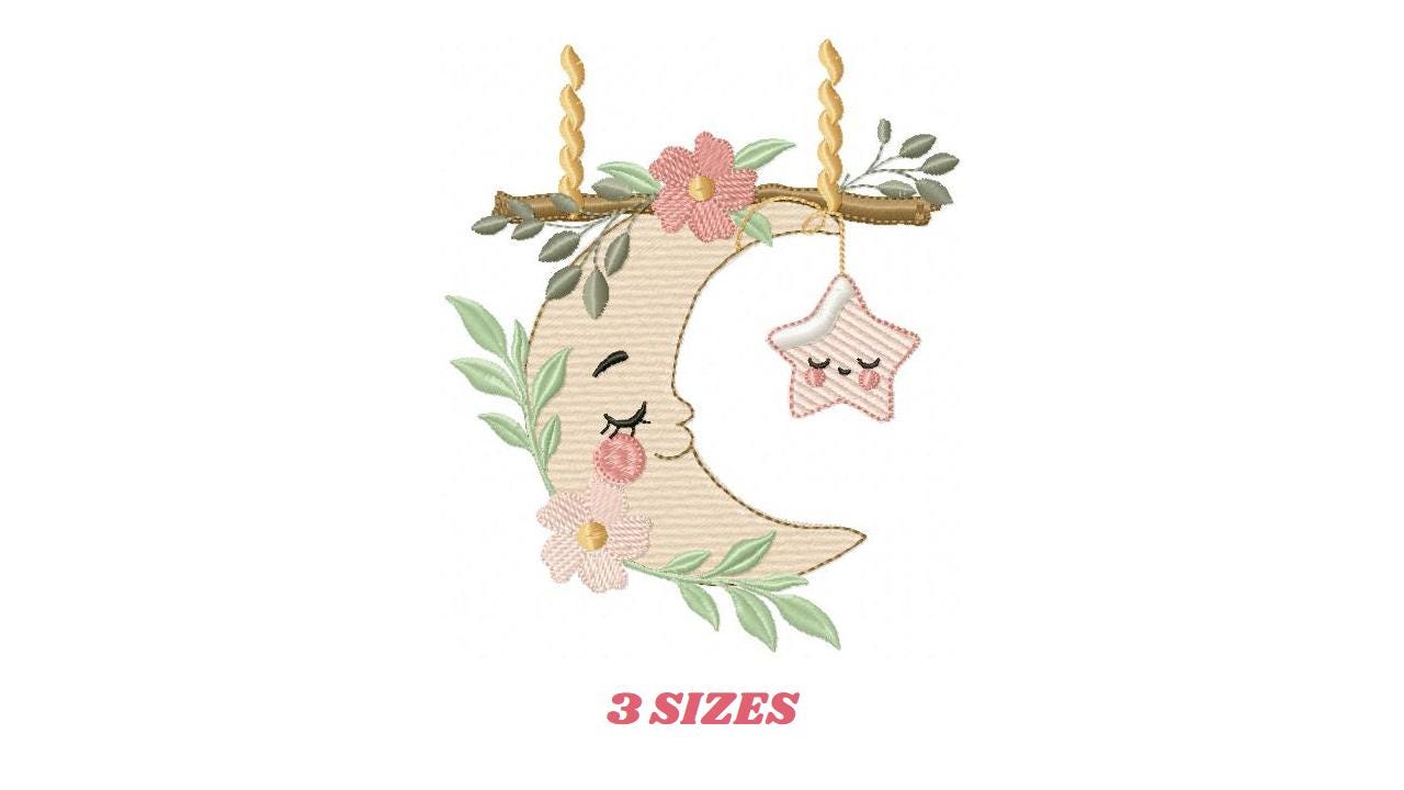 Moon with stars hearts and flowers embroidery design - Baby Girl Half moon machine embroidery pattern - Instant digital download pes jef dst