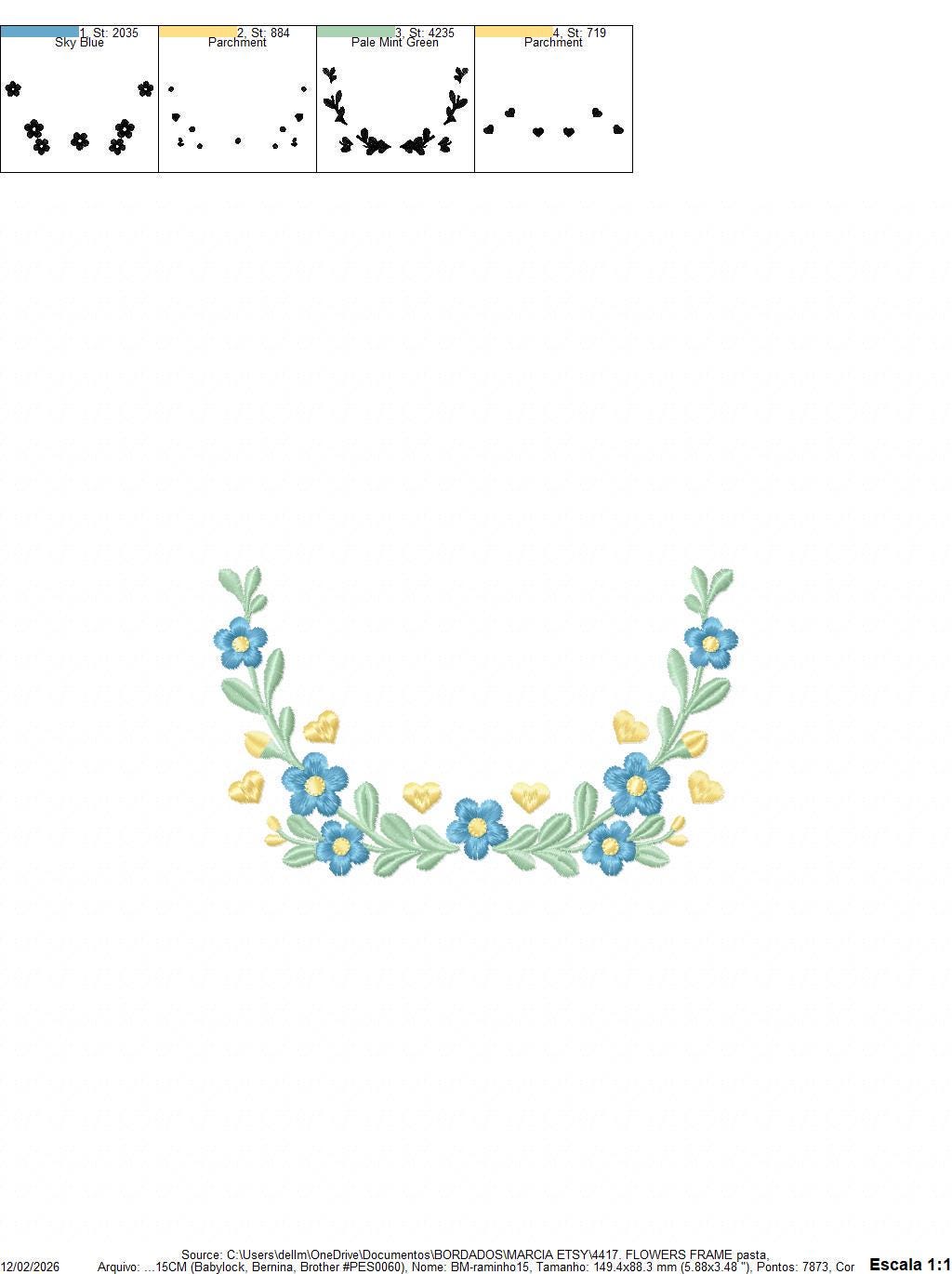 Flower Wreath embroidery designs - Blue Floral Frame machine embroidery pattern - Kitchen Tea Towel file - Instant digital download pes jef