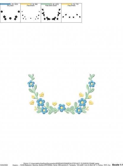 Flower Wreath embroidery designs - Blue Floral Frame machine embroidery pattern - Kitchen Tea Towel file - Instant digital download pes jef