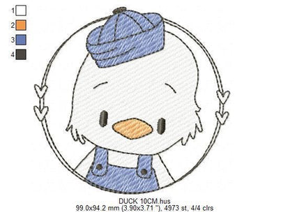 Duck with cap embroidery design - Lake water animal with clothes machine embroidery pattern - Baby boy file - Instant digital download pes