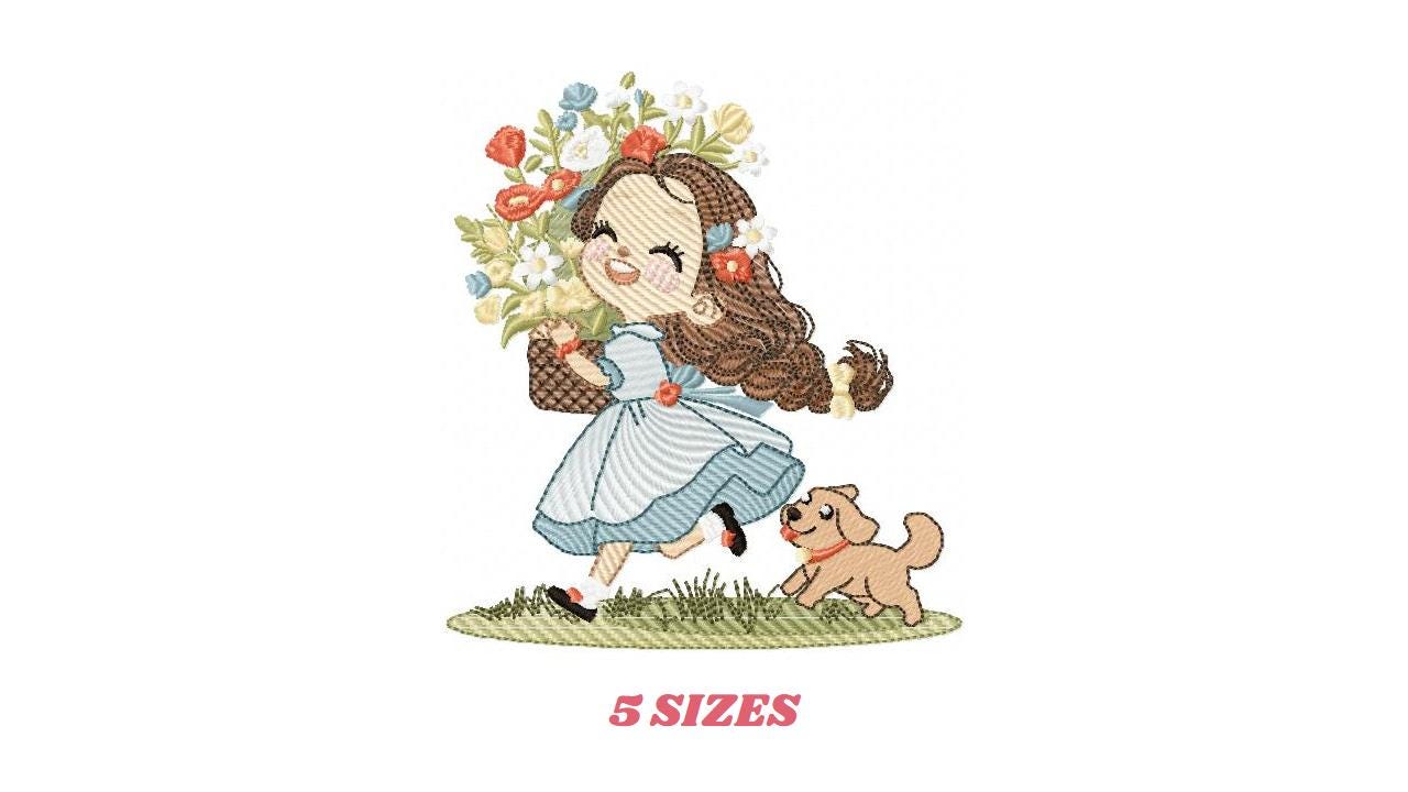 Girl with dog embroidery designs - Baby girl with flowers machine embroidery pattern - Girl with puppy file - Instant digital download jef