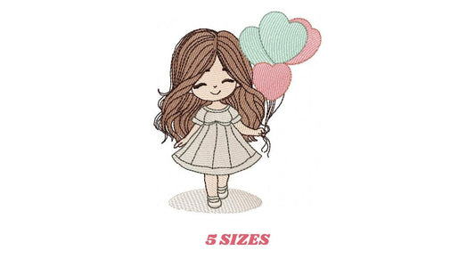 Baby girl with balloons embroidery designs - Birthday Party Girl machine embroidery pattern - Girl with hearts file - Instant download pes