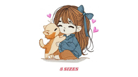 Girl with Cat embroidery design - Baby Girl with long hair and Kitty machine embroidery pattern - Instant digital download pes jef dst hus
