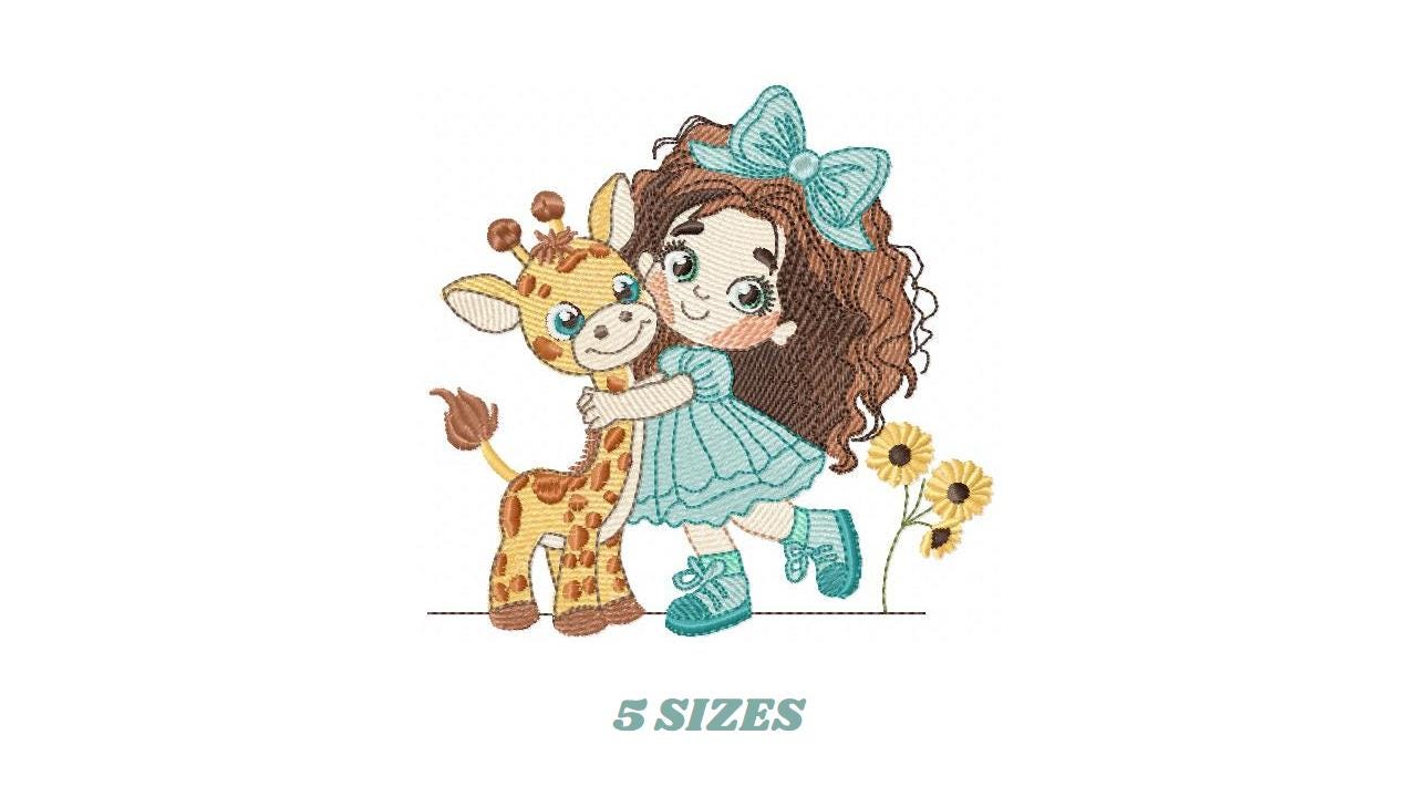 Girl with Giraffe embroidery design - Long Curly Hair Girl machine embroidery pattern - Safari Wild animal file - Instant download pes jef