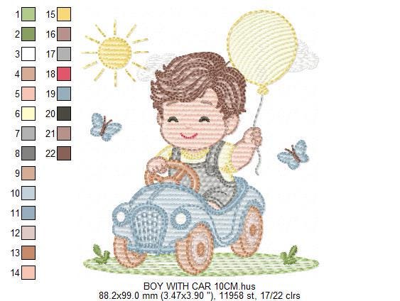 Baby Boy with old car embroidery designs - Toddler playing machine embroidery pattern - Boy with balloon - Instant digital download pes jef