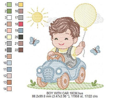 Baby Boy with old car embroidery designs - Toddler playing machine embroidery pattern - Boy with balloon - Instant digital download pes jef