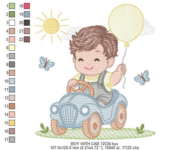 Baby Boy with old car embroidery designs - Toddler playing machine embroidery pattern - Boy with balloon - Instant digital download pes jef