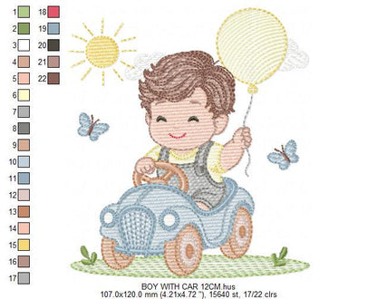 Baby Boy with old car embroidery designs - Toddler playing machine embroidery pattern - Boy with balloon - Instant digital download pes jef