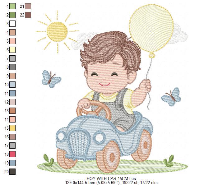 Baby Boy with old car embroidery designs - Toddler playing machine embroidery pattern - Boy with balloon - Instant digital download pes jef