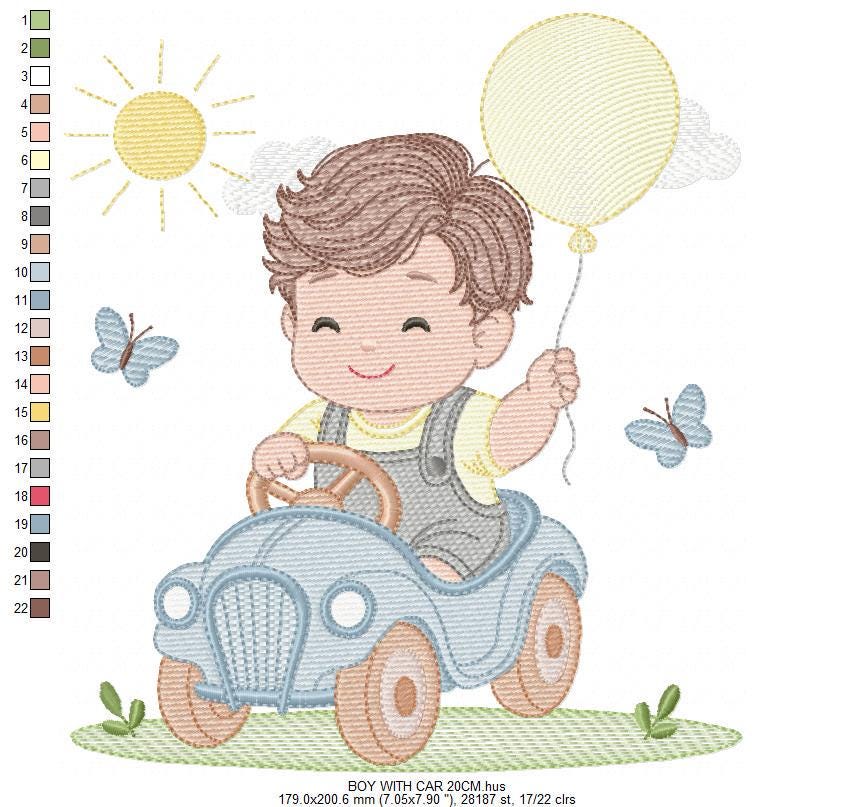 Baby Boy with old car embroidery designs - Toddler playing machine embroidery pattern - Boy with balloon - Instant digital download pes jef