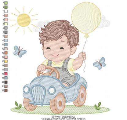 Baby Boy with old car embroidery designs - Toddler playing machine embroidery pattern - Boy with balloon - Instant digital download pes jef