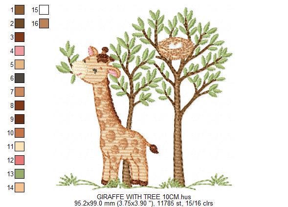 Giraffe with tree embroidery designs - Safari wild animal with birdnest machine embroidery pattern - Baby boy file - Instant download pes