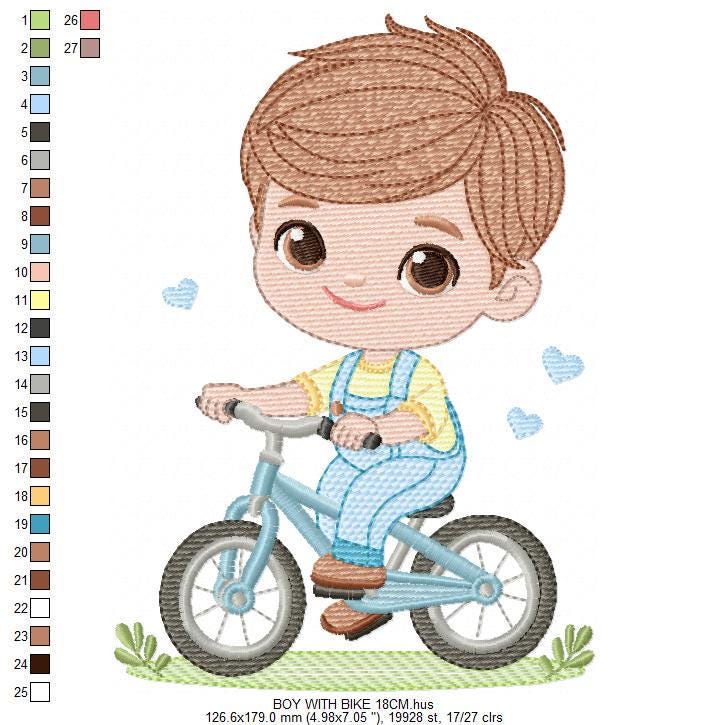 Boy with bike embroidery designs - Baby Boy with bycicle machine embroidery pattern - Cyclist Biker file - Instant digital download pes jef